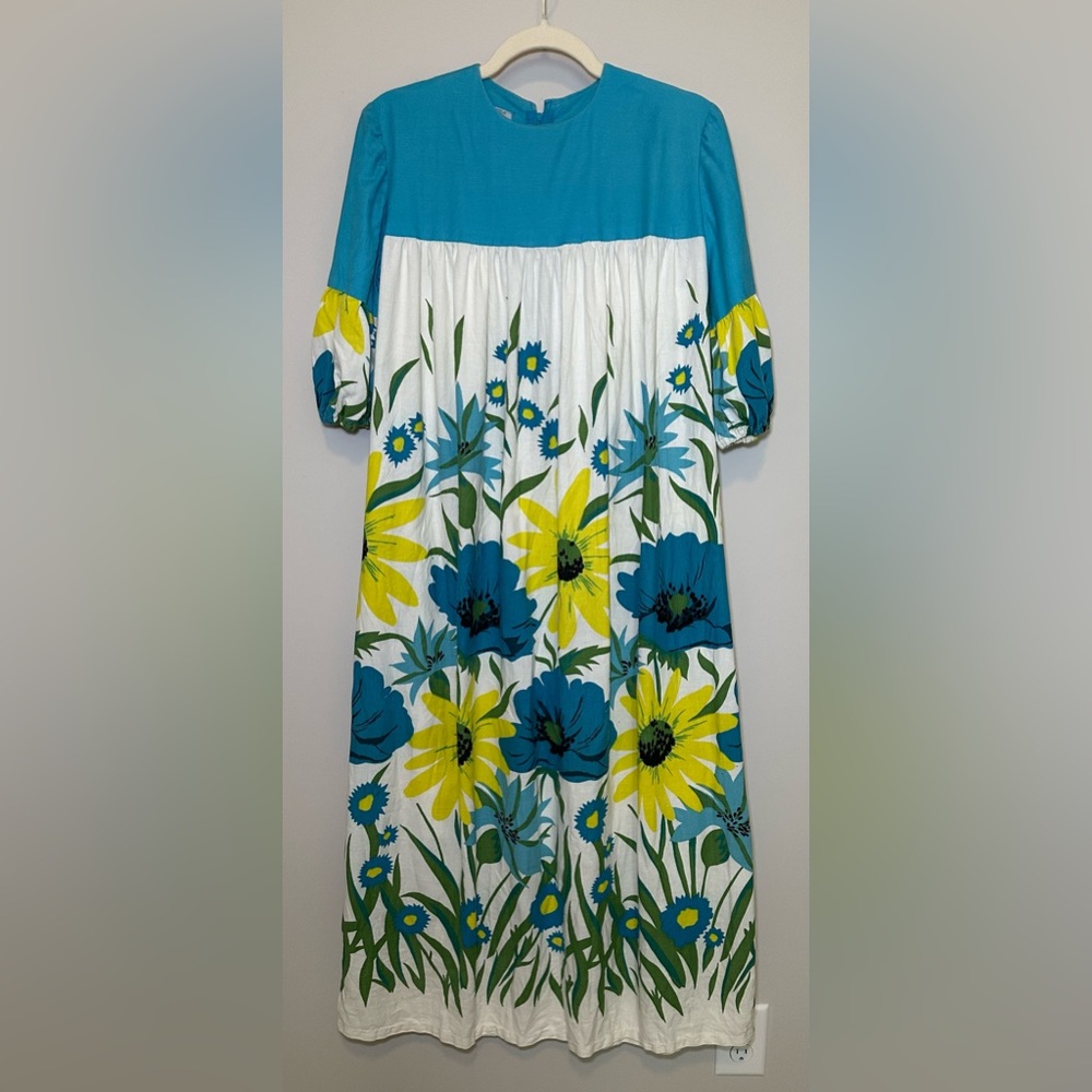 Unique Vintage Handmade Floral Maxi Dress Blue Yellow Boho Cottagecore Prairie - Picture 2 of 16